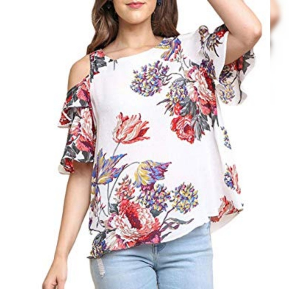 Women's Floral Print Cold Shoulder Top Size Small